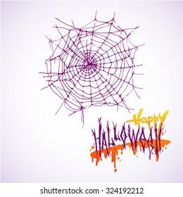 Hand drawn sketch of spiderweb isolated on white background. Happy halloween lettering. Vector vintage line art illustration of web. Decorative element for your animal and wildlife design.
