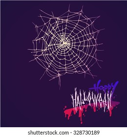Hand drawn sketch of spiderweb on dark background. Happy halloween lettering. Vector vintage line art illustration of web. Decorative element for your animal and wildlife design.
