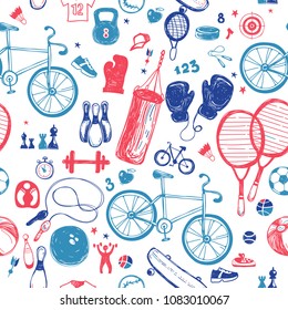 Hand drawn sketch sport seamless vector pattern with sports equipment.