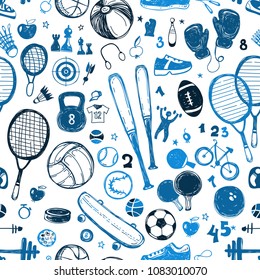 Hand drawn sketch sport seamless vector pattern with sports equipment.