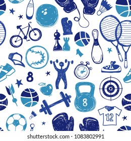 Hand drawn sketch sport seamless vector pattern with sports equipment.