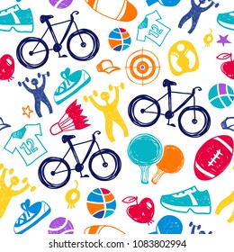 Hand drawn sketch sport seamless vector pattern with sports equipment.
