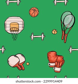 Hand drawn sketch sport seamless vector pattern with sports equipment.