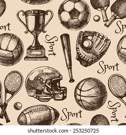 Hand drawn sketch sport seamless pattern with balls. Vector illustration