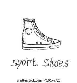 Hand drawn sketch of sport shoes, sneakers for summer. Vector stock illustration. Sport wear for men and women. Design for shoe store. Converse all stars sneakers, shoe sneakers icon, shoe shopping. 