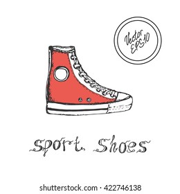 Hand drawn sketch of sport shoes, sneakers for summer. Vector stock illustration. Sport wear for men and women. Design for shoe store. Red sneakers. Converse sneakers, Converse sneakers, shopping. 