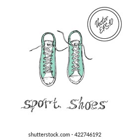 Hand drawn sketch of sport shoes, sneakers for summer. Vector stock illustration. Sport wear for men and women. Design for shoe store. Blue green shoes.