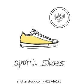 Hand drawn sketch of sport shoes, sneakers for summer. Vector stock illustration. Sport wear for women and man. Design for shoe store. Yellow sneakers.