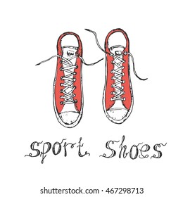 Hand drawn sketch of sport shoes, sneakers for summer. Vector stock illustration. Sport wear for men and women. Design for shoe store. Red shoes.