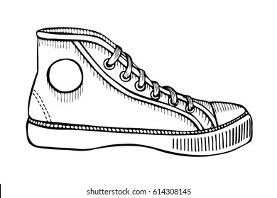 Hand drawn sketch of sport shoes, sneakers for summer. Vector illustration. Sport wear for men and women.