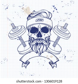 Hand drawn sketch, sport skull with dumbbells