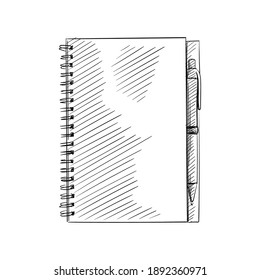 Hand drawn sketch of spring notebook with pen on a white background. Notebook,  sketchbook, spring notebook, dairy, dot grid notebook 