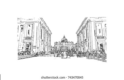 Hand drawn sketch of St. Peter's Basilica, Vatican City, Rome Italy in vector illustration.