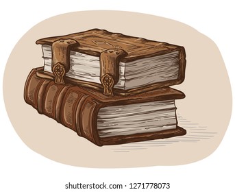 hand drawn sketch stack from two oldest books isolated on white background vector illustration.