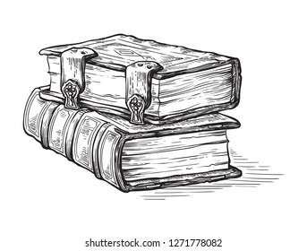 hand drawn sketch stack from two oldest books isolated on white background vector illustration.