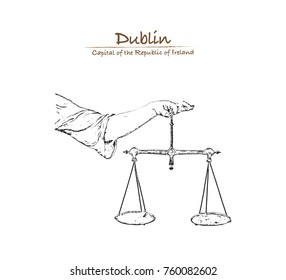 Hand drawn sketch of Statue of Lady Justice at Dublin Castle in Dublin, Ireland in vector illustration.