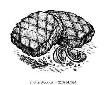 Hand drawn sketch steak. Isolated food on white background. BBQ vector illustration