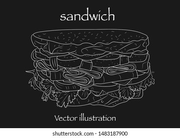 Hand drawn sketch steak sub sandwich. Vector white illustration Isolated object on black background. Menu design.