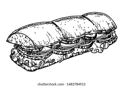 Hand drawn sketch steak sub sandwich. Long ciabatta sandwich with ham slices, cheese, tomatoes and lettuce leaves. Sketch style. Fast food drawing for restaurant menus, street food packages. 