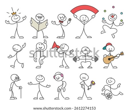 Hand drawn sketch of stick man in different poses. Drawing linear character isolated vector illustration