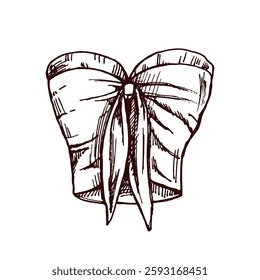 Hand drawn sketch of strapless bikini top with bow in monochrome vintage style

