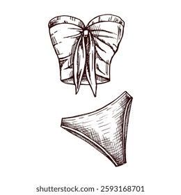 Hand drawn sketch of strapless bikini set with bow detail in monochrome vintage style

