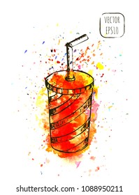 Hand drawn sketch street beverage print with light watercolor texture on background. Soda in a solo cup illustration for t-shirt, cafe menu or wallpaper.