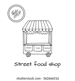 Hand drawn sketch of street food transport shop. Black and white sketch. Vector illustration. Funny kids style. Transport for street shop with decoration of flags.