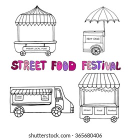 Hand drawn sketch of street food transport, mobile shops for street market festival. Black and white sketch. Vector illustration. Funny kids style. Transport for street shop