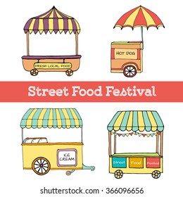 Hand drawn sketch of street food transport, mobile shops for street market festival. Colored sketch. Vector illustration. Funny kids style. Transport for street shop