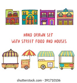 Hand drawn sketch of street food transport, mobile shops for street market festival and mexican houses. Colored sketch. Vector illustration. Transport for street shop and street houses. Kids style.