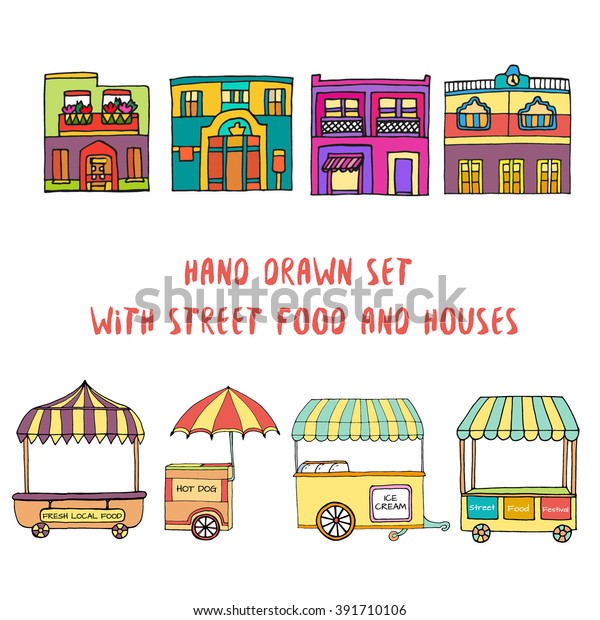 Hand drawn sketch of street food transport, mobile\
shops for street market festival and mexican houses. Colored\
sketch. Vector illustration. Transport for street shop and street\
houses. Kids style.