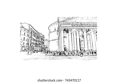 Hand drawn sketch of street view Pantheon, Rome, Italy in vector illustration.