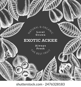 Hand drawn sketch style ackee banner. Organic fresh food vector illustration on chalk board. Retro exotic fruit design template. Engraved style botanical background.