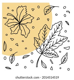 Hand drawn sketch style autumn leaves isolated on white background with yellow round for print, banners, template. Doodle vector illustration