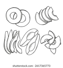 Hand drawn sketch style avocado set on white background. Avocado cut in various ways, slices and wedges. Vector illustration