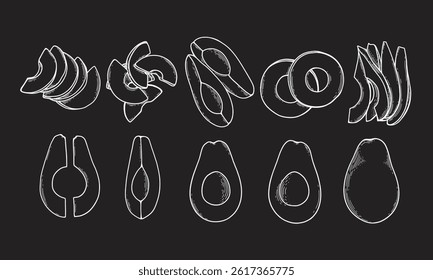 Hand drawn sketch style avocado set on white background. Avocado cut in various ways, slices and wedges. Vector illustration
