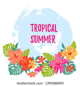 Hand drawn sketch style background with tropical flowers and exotic leaves. Tropical summer. Place for your text. Vector illustration for party, invitation, flyer, poster, banner, web.