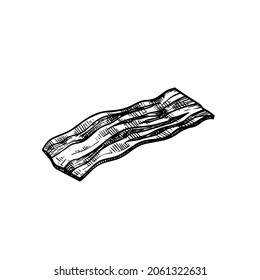 Hand drawn sketch style bacon slice. Fresh or roasted fried bacon piece. Breakfast ingredient drawing. Vector illustration isolated on white background.