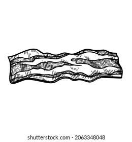 Hand drawn sketch style bacon slice. Fresh or roasted fried bacon piece. Breakfast ingredient. Butcher meat product. Vector illustration isolated on white background.