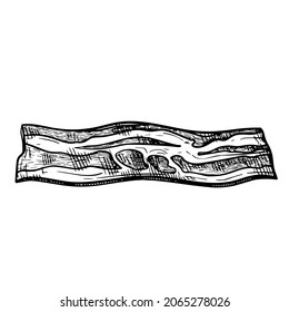 Hand drawn sketch style bacon slice. Fresh or roasted fried bacon piece. Breakfast ingredient. Butcher meat product. Vector illustration isolated on white background.