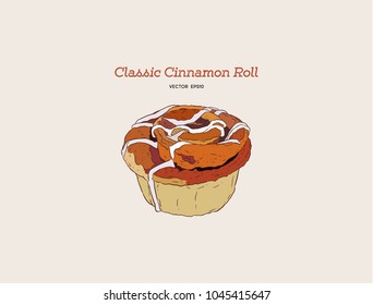 Hand drawn sketch style bakery goods illustration. Iced cinnamon bun. Daily product. Fresh-baked breakfast