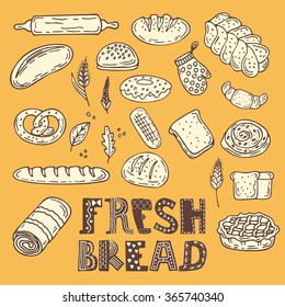 Hand drawn sketch style bakery set. Vector collection of fresh bread. Vector illustration
