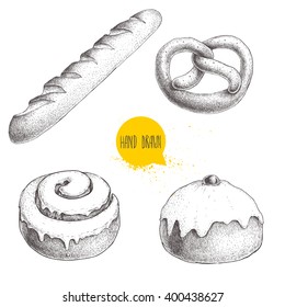 Hand drawn sketch style bakery goods set isolated on white background. Fresh salted pretzel, french baguette, iced cinnamon bun and bun with cherry. Daily product. 