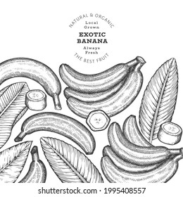 Hand drawn sketch style banana banner. Organic fresh fruit vector illustration. Retro exotic fruit design template