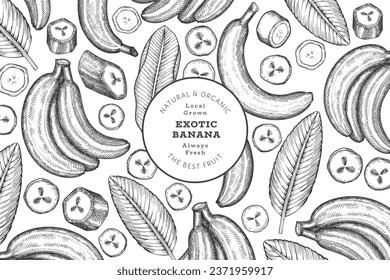 Hand drawn sketch style banana banner. Organic fresh fruit vector illustration. Retro exotic fruit design template