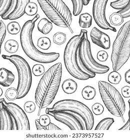 Hand drawn sketch style banana seamless pattern. Organic fresh fruit vector illustration. Retro exotic fruit background