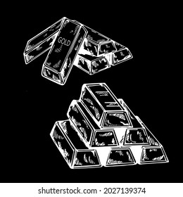 Barras de estilo de boceto dibujadas a mano de oro aisladas sobre fondo negro. Ilustración vectorial.