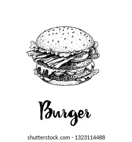 Hand drawn sketch style big burger. Fast, street food. Cheeseburger with bacon fried slices, lettuce, tomato, onion and beef cutlet. Vector illustration for menu and package designs.  