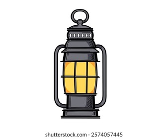 Hand drawn sketch style. Black Lantern with detailed metal framing, ideal for nautical, vintage, or maritime-themed designs. Vector illustration